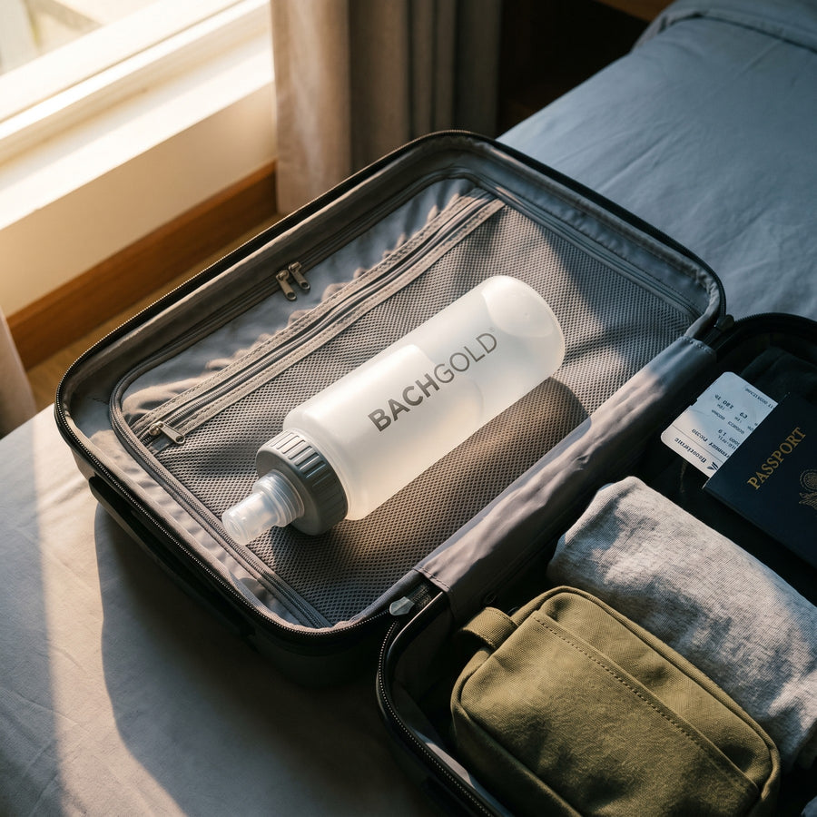 Bachgold Squeeze Filterflasche zusammengerollt im Netzfach eines offenen Handgepaeckkoffers neben Reisepass und Bordkarte