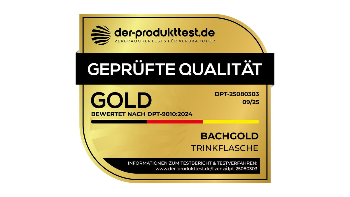Siegel Geprüfte Qualität Gold, vergeben von der-produkttest.de für die Bachgold Trinkflasche