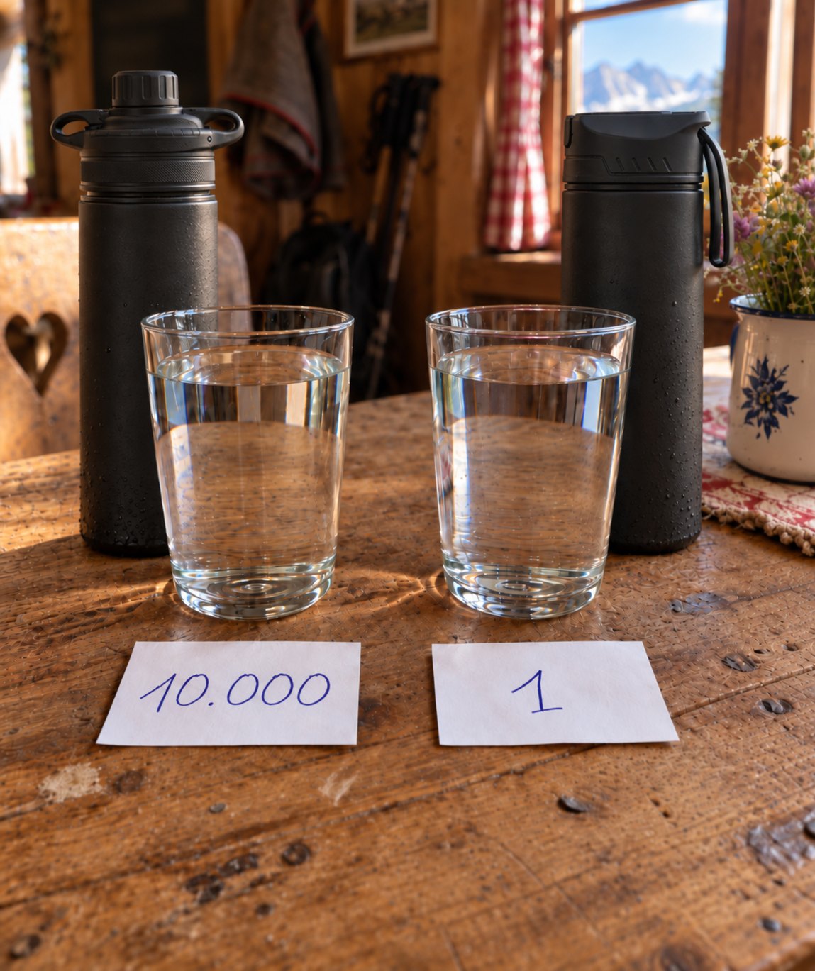 Zwei gleich klare Gläser Wasser auf einem Hüttentisch, davor die Zettel 10.000 und 1, dahinter eine fremde Pressflasche und der Bachgold Selfpress